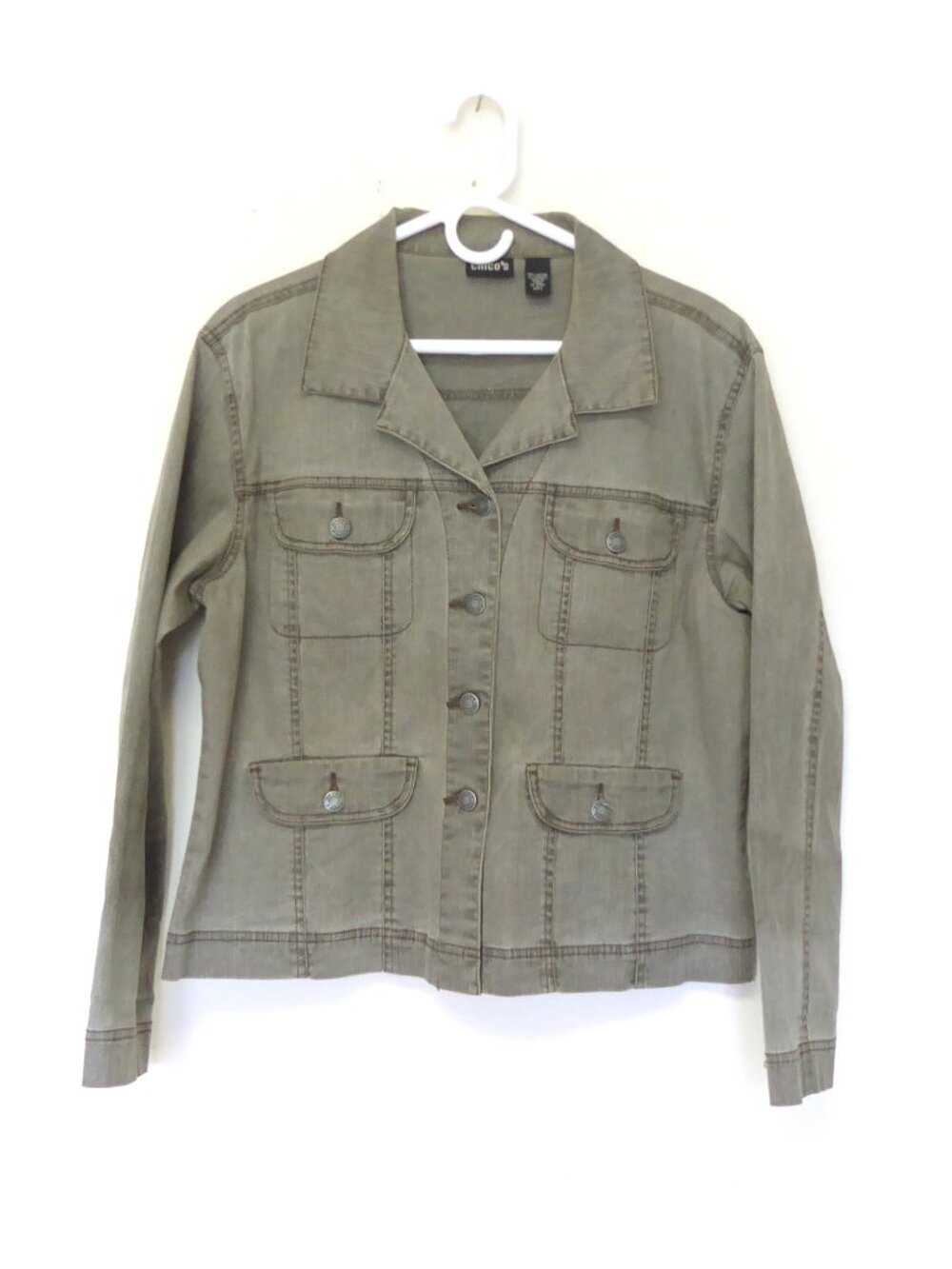Chico's gray lightweight denim multi pocket denim jacket size 2 / women's large